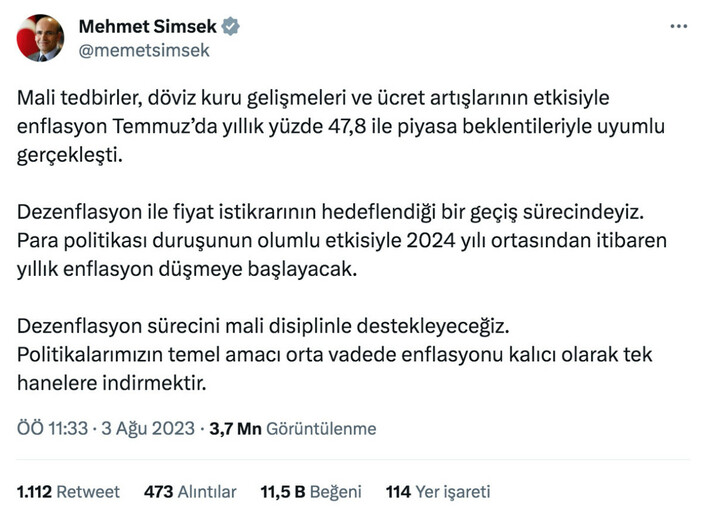 Türkiye’de enflasyon ne zaman düşecek? Hazine ve Maliye Bakanı Mehmet Şimşek tarih verdi..